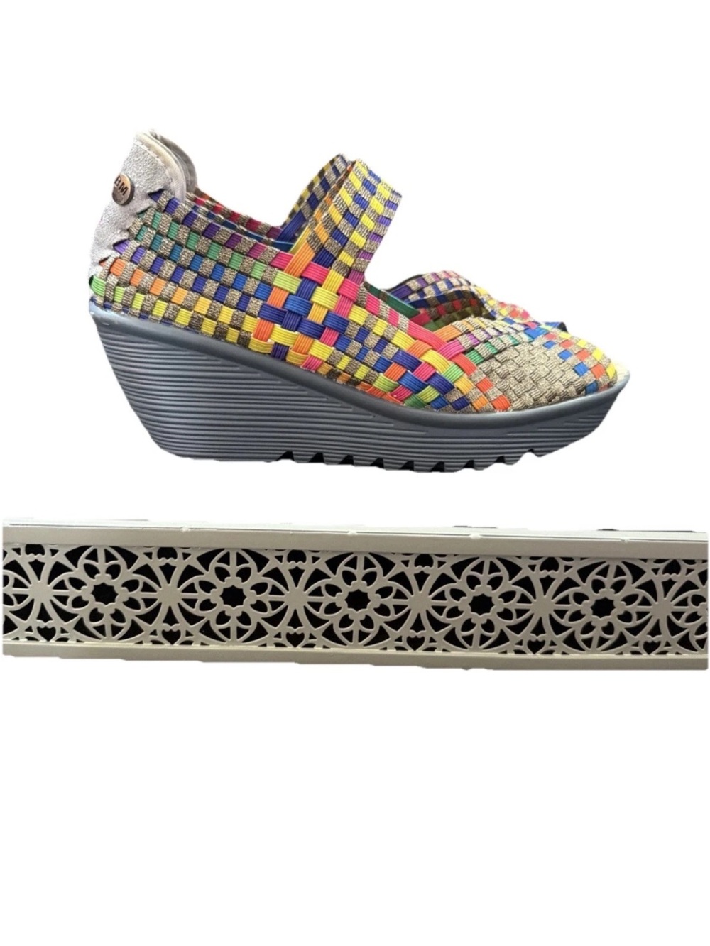 Bernie Mev. Multicolor Mary Jane Open Toe Woven Elastic Strap Wedge Sandal 8.5